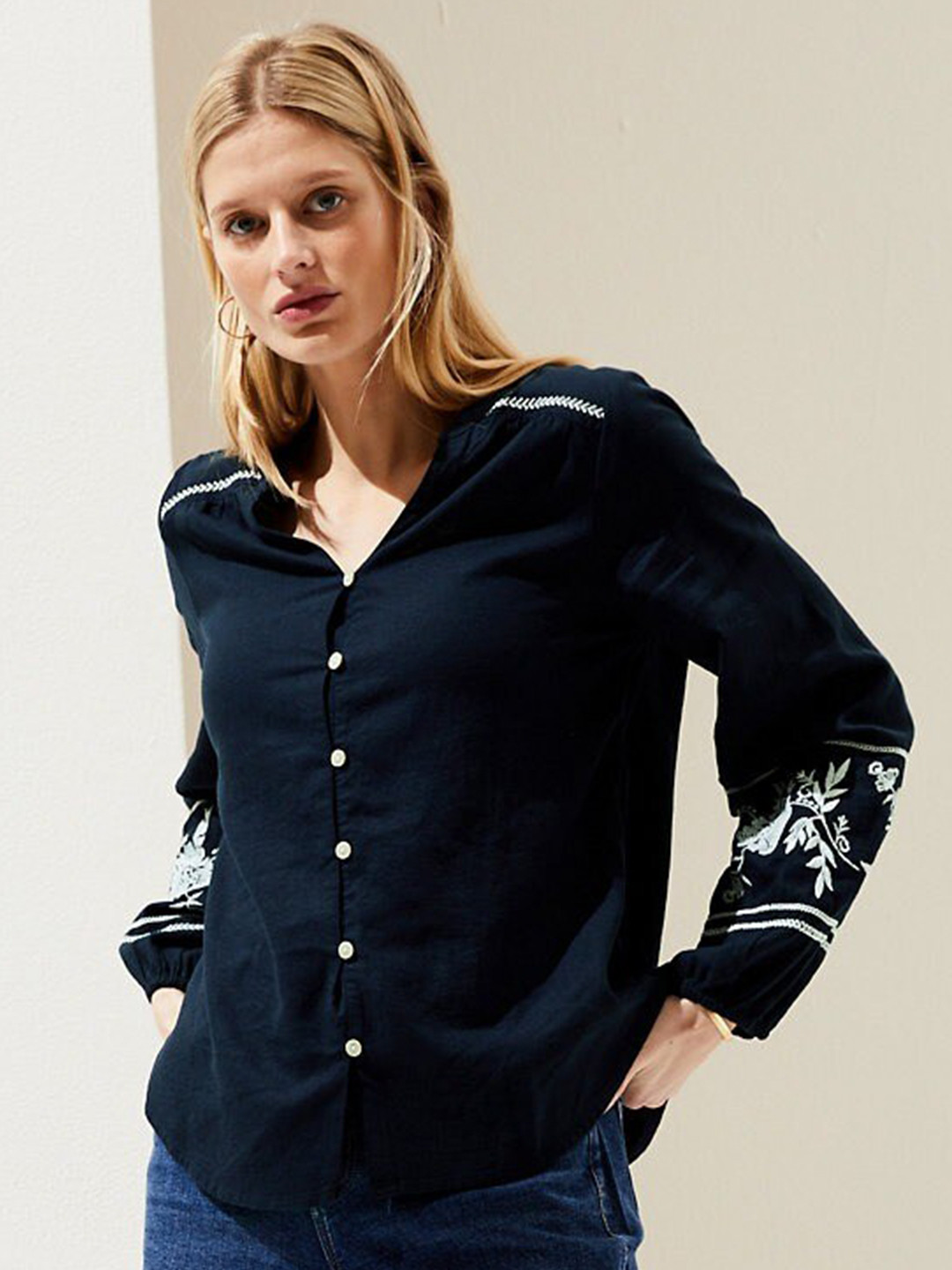 

Marks & Spencer Embroidered Puff Sleeves Shirt Style Top, Navy blue