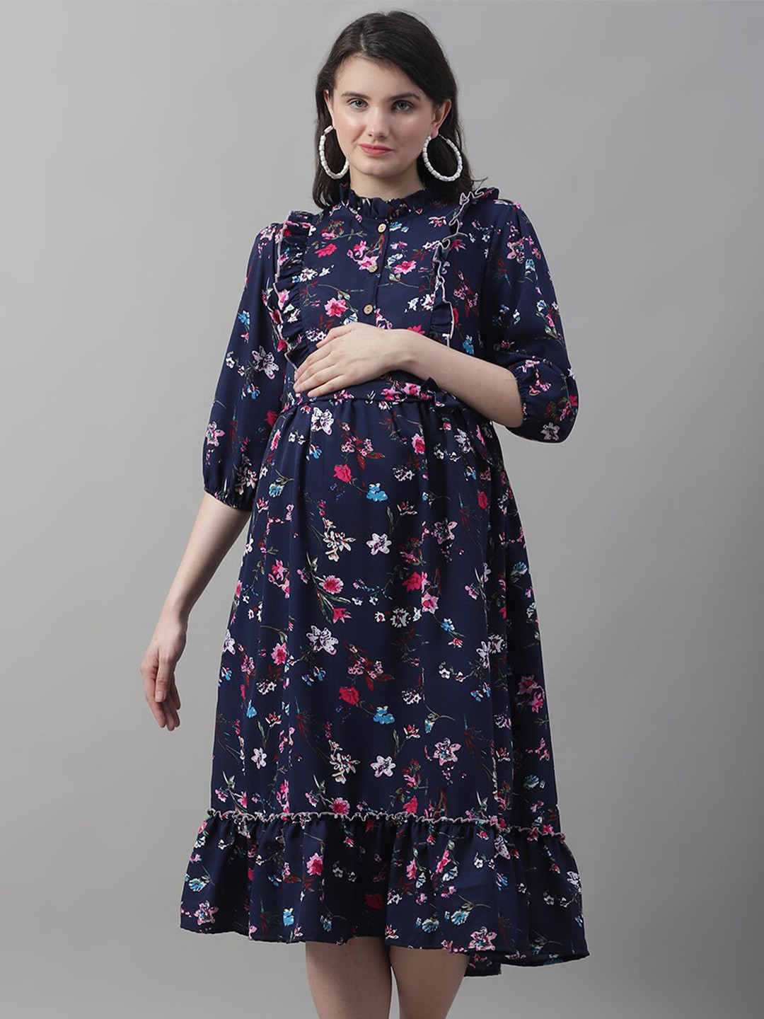 

Frempy Floral Printed Ruffled Maternity Fit & Flare Midi Dress, Navy blue