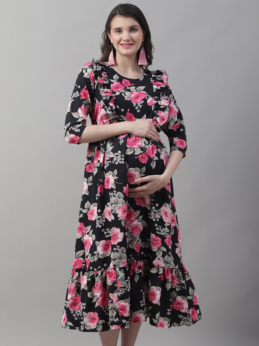 

Frempy Floral Printed Ruffled Maternity Fit & Flare Midi Dress, Black