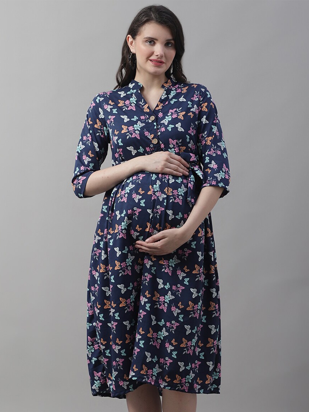 

Frempy Floral Printed Ruffled Maternity Fit & Flare Midi Dress, Navy blue