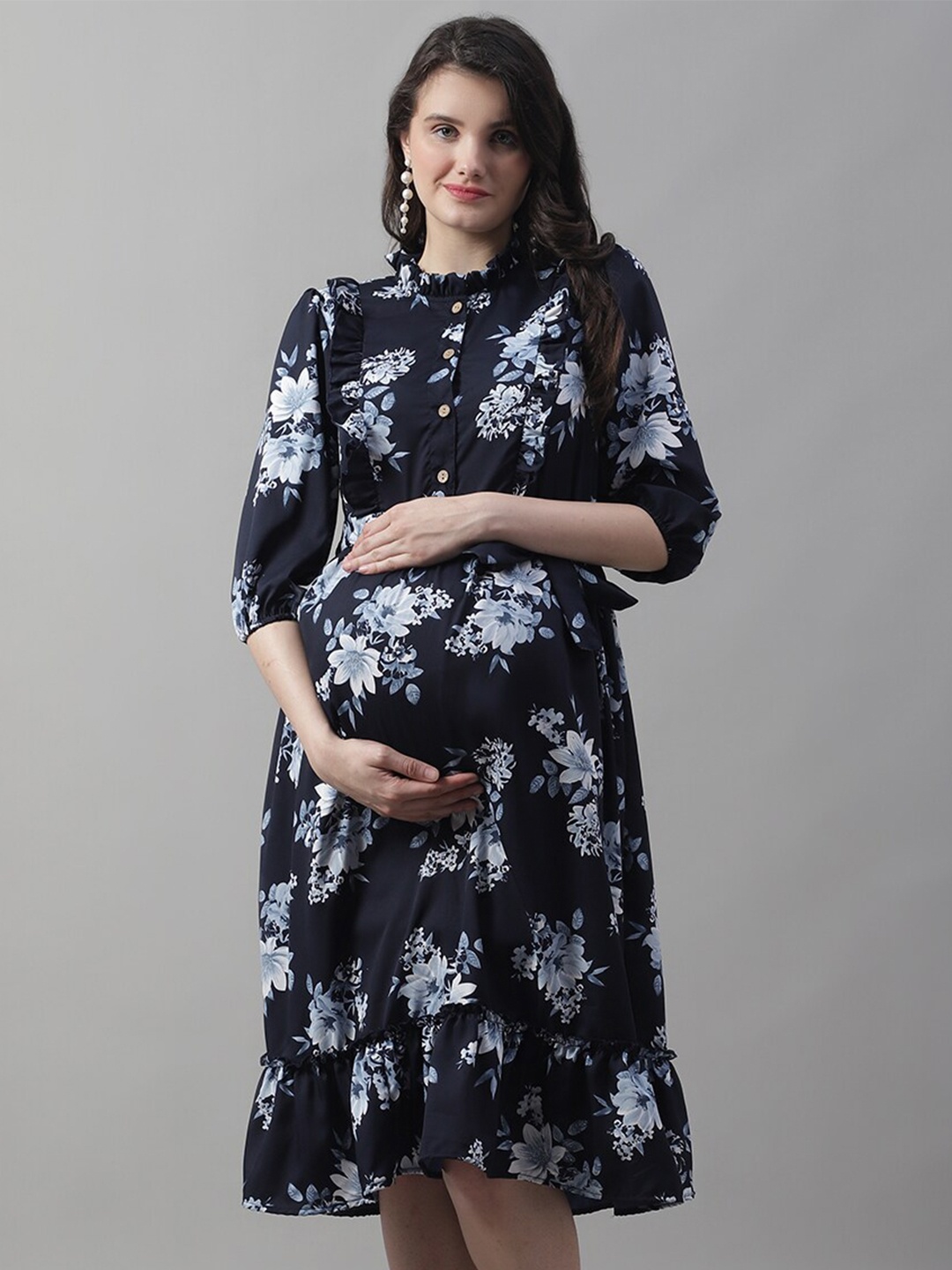 

Frempy Floral Printed Ruffled Maternity Fit & Flare Midi Dress, Navy blue