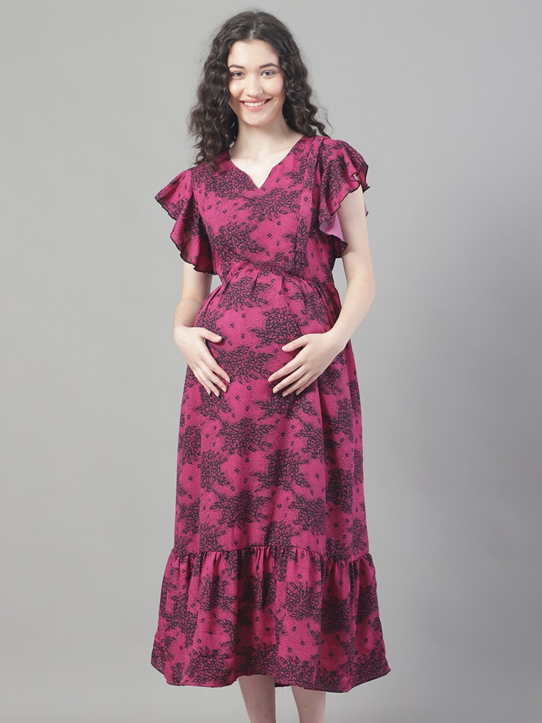 

Frempy Floral Printed Ruffled Maternity Fit & Flare Midi Dress, Maroon