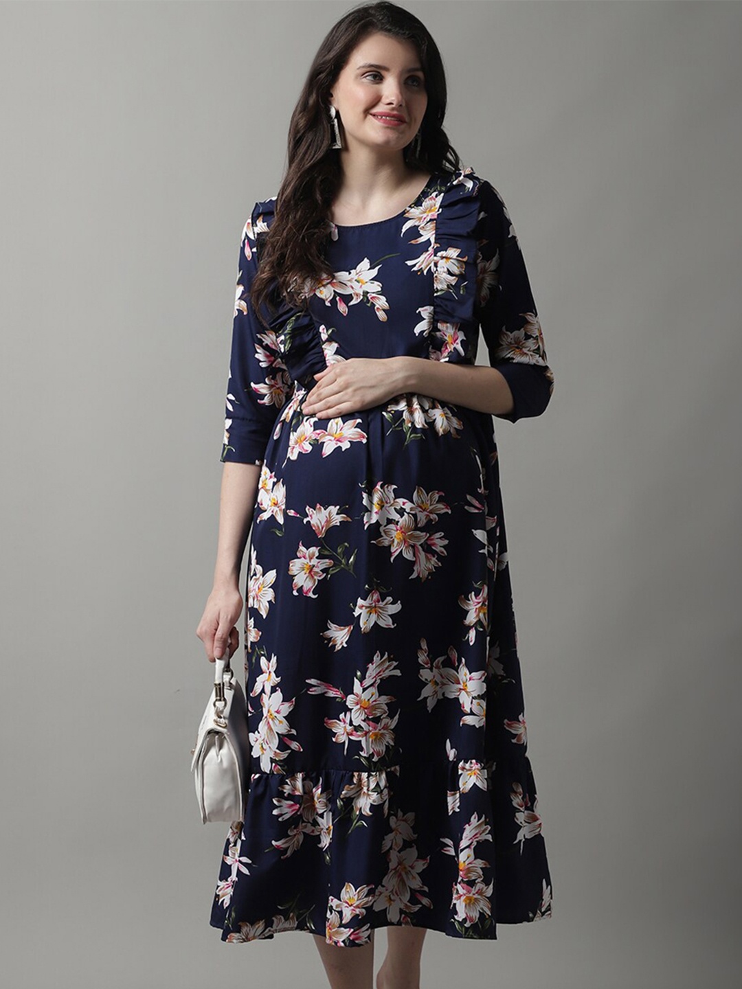 

Frempy Floral Printed Ruffled Maternity Fit & Flare Midi Dress, Navy blue