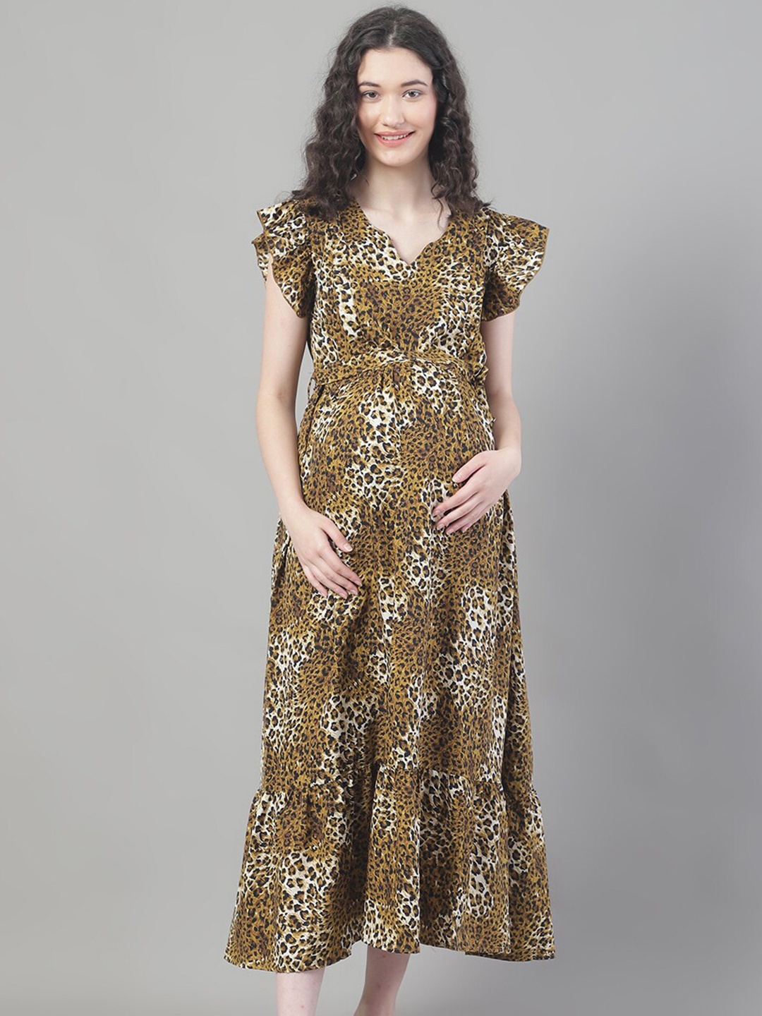 

Frempy Animal Printed Ruffled Maternity Fit & Flare Midi Dress With Belt, Mustard