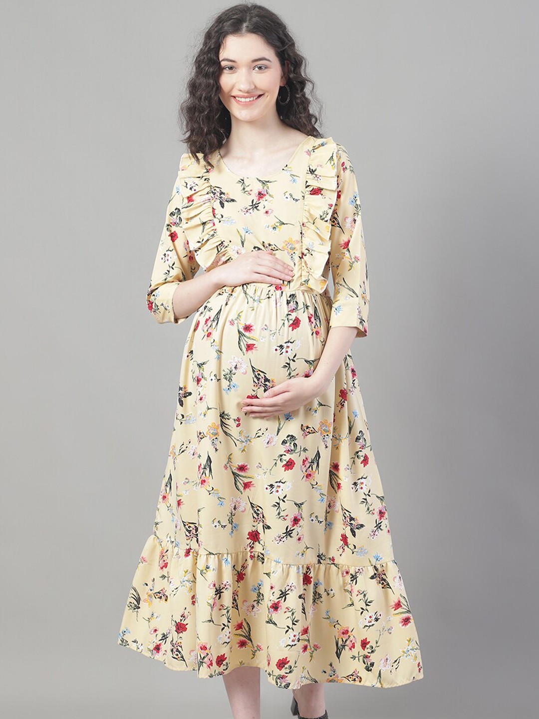 

Frempy Floral Printed Ruffled Maternity Fit & Flare Midi Dress, Cream