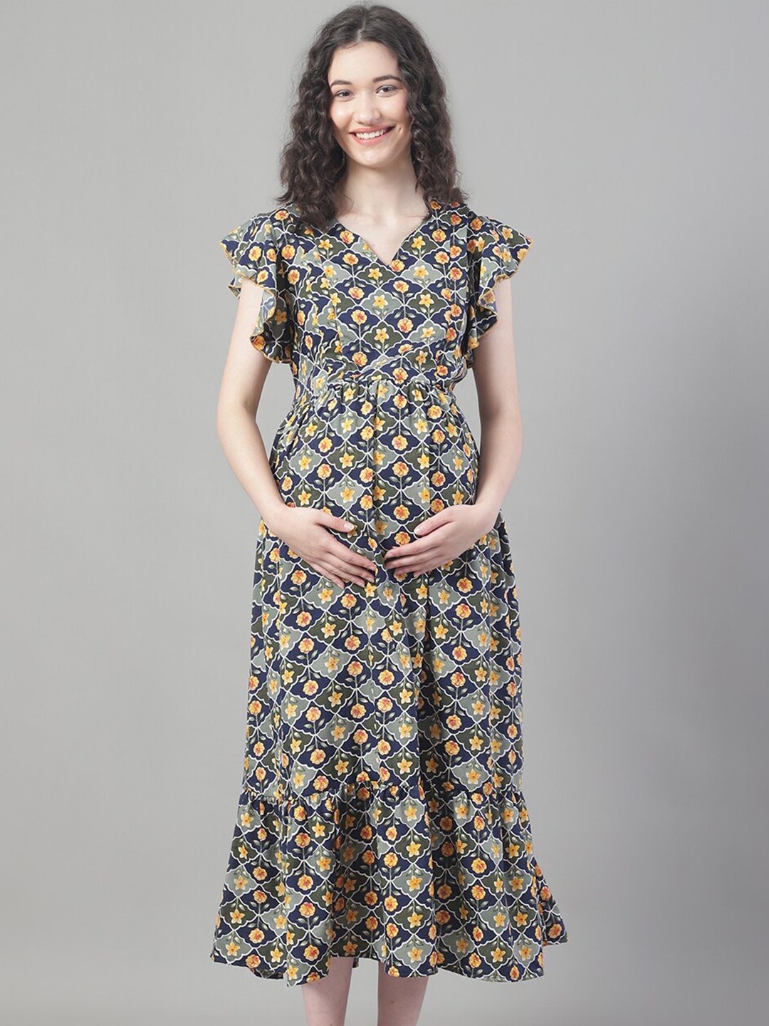 

Frempy Floral Printed Ruffled Maternity Fit & Flare Midi Dress, Blue