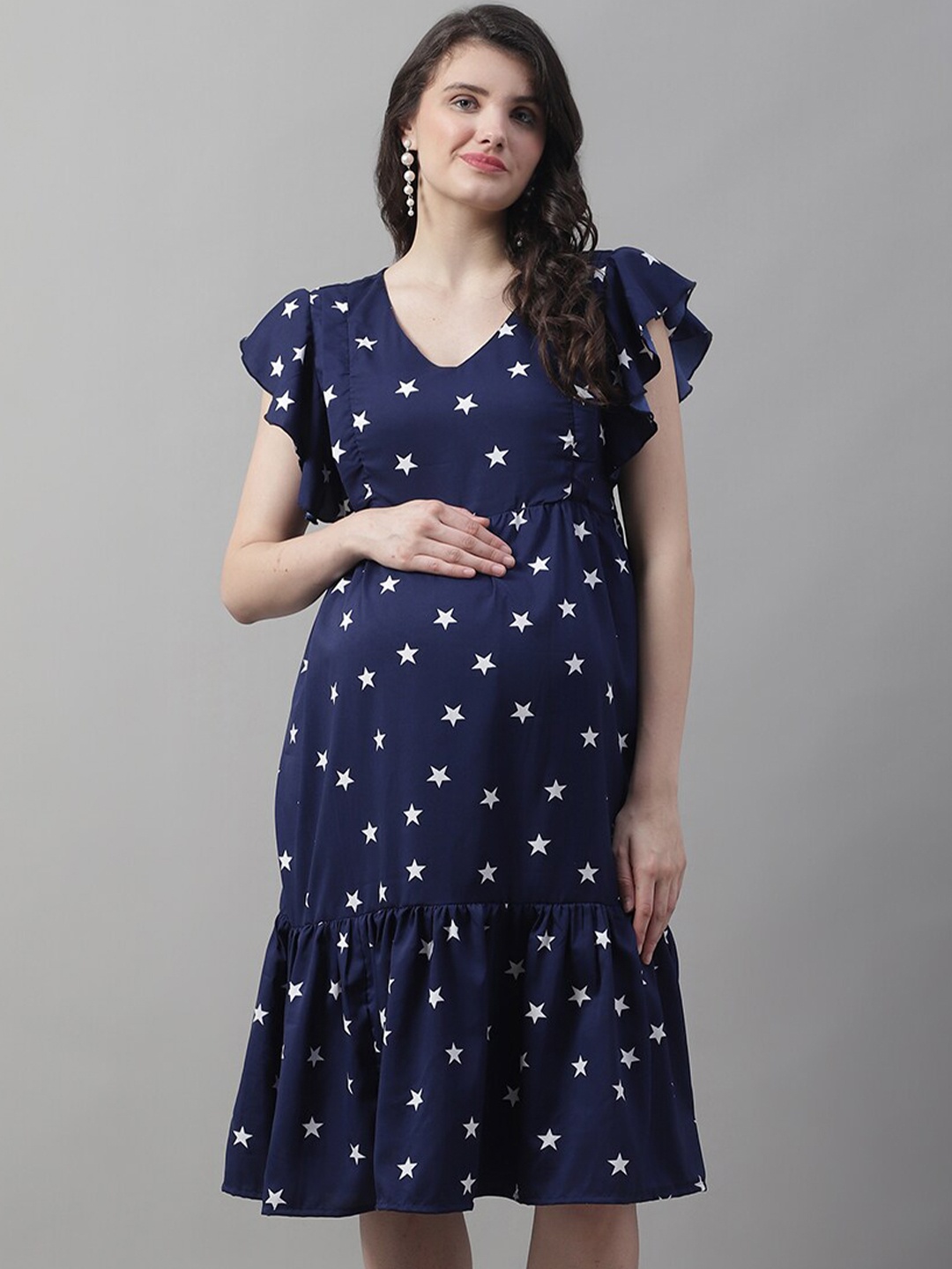

Frempy Star Printed Ruffled Maternity Fit & Flare Midi Dress, Navy blue