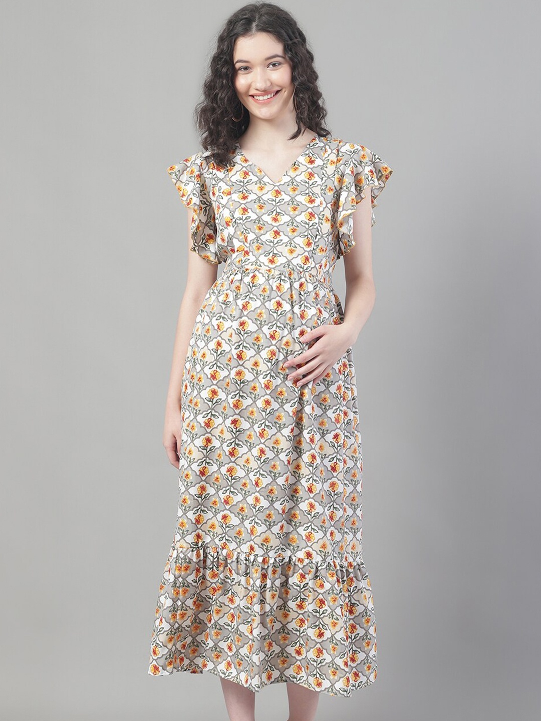 

Frempy Floral Printed Ruffled Maternity Fit & Flare Midi Dress, White