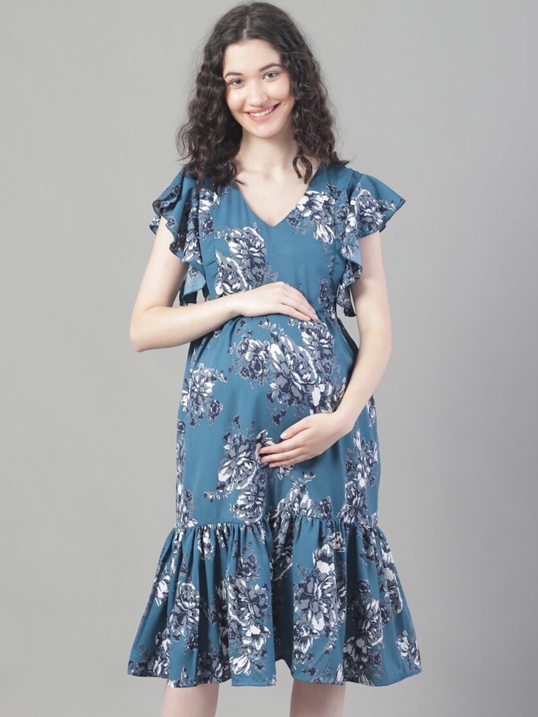 

Frempy Floral Printed Ruffled Maternity Fit & Flare Midi Dress, Blue