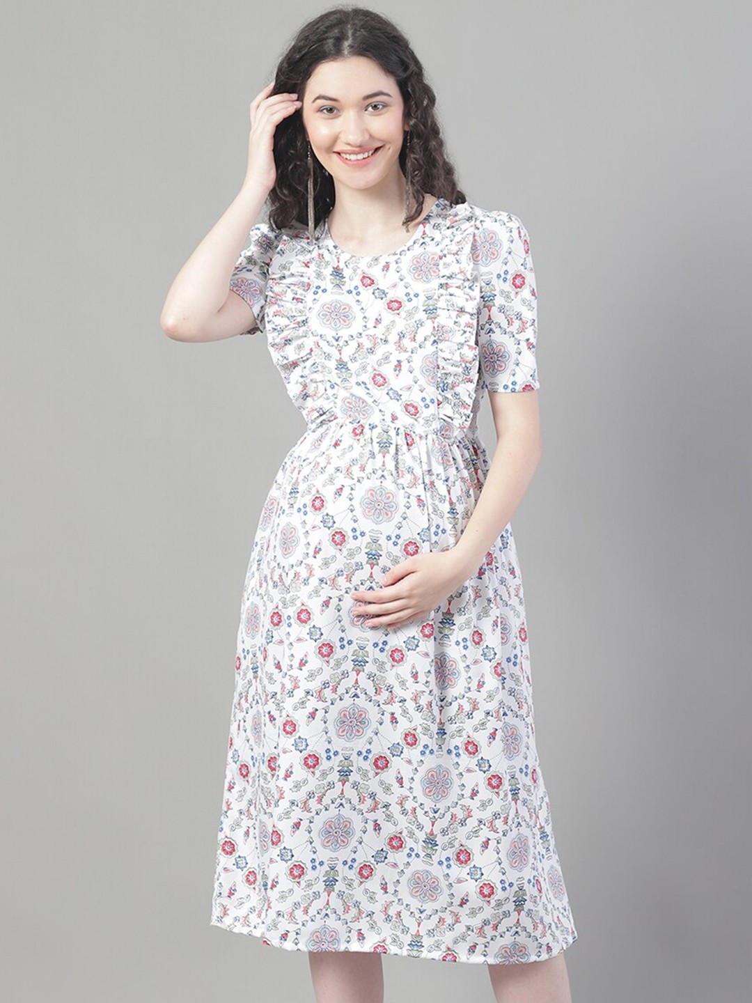 

Frempy Floral Printed Ruffled Maternity A-Line Midi Dress, White