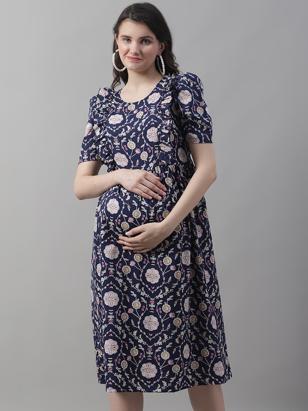 

Frempy Floral Printed Ruffled Maternity A-Line Midi Dress, Navy blue