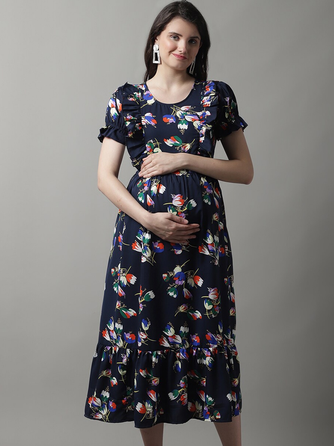 

Frempy Floral Printed Ruffled Maternity A-Line Midi Dress, Navy blue