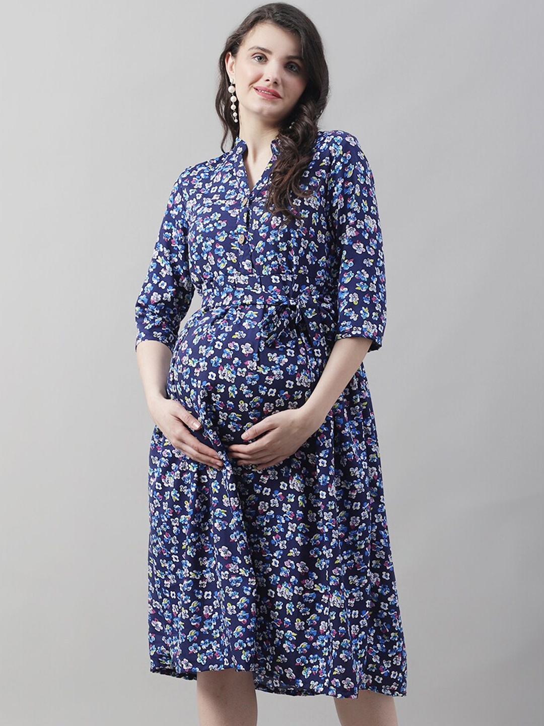 

Frempy Floral Print Crepe Maternity Fit & Flare Dress, Navy blue