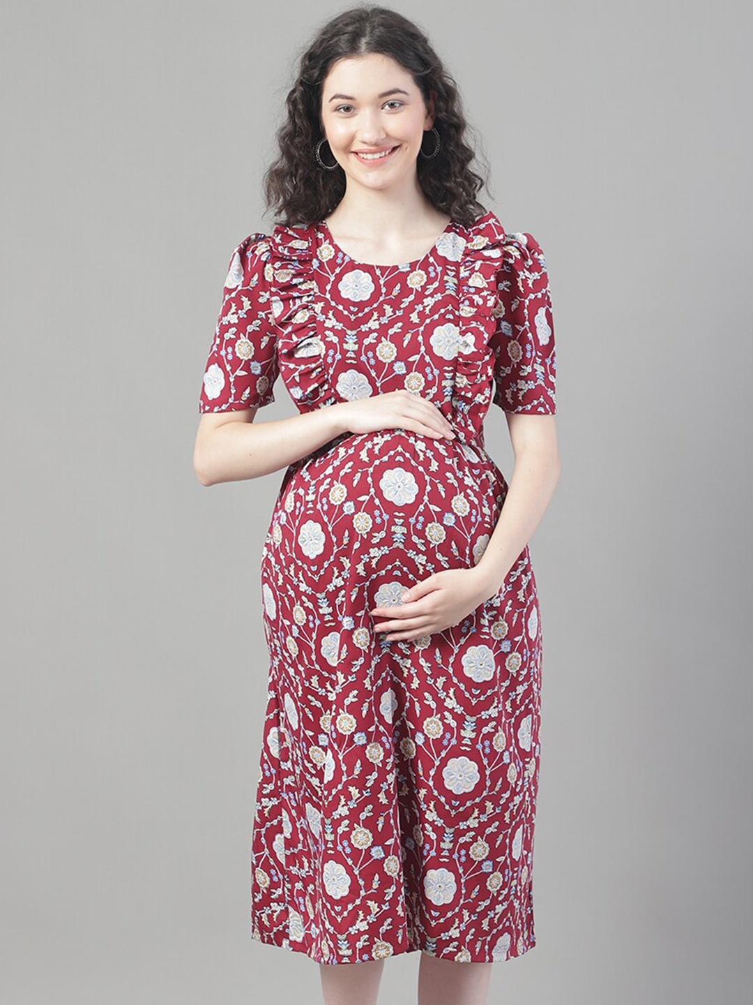 

Frempy Ethnic Motifs Print Crepe Maternity Fit & Flare Midi Dress, Maroon