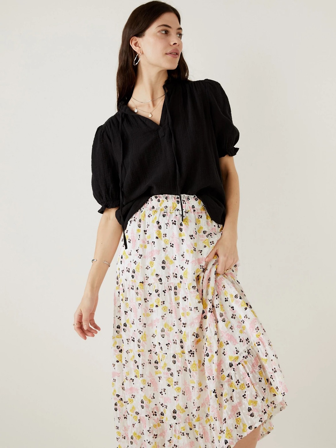 

Marks & Spencer Floral Printed Flared Midi Tiered Skirt, Off white