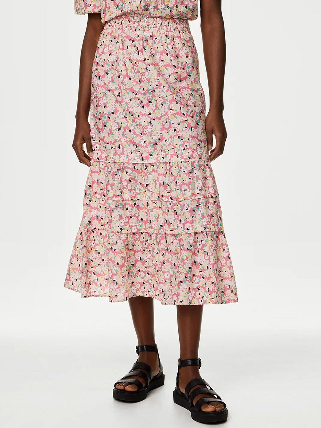 

Marks & Spencer Floral Printed Cotton Tiered Midi Skirts, Pink
