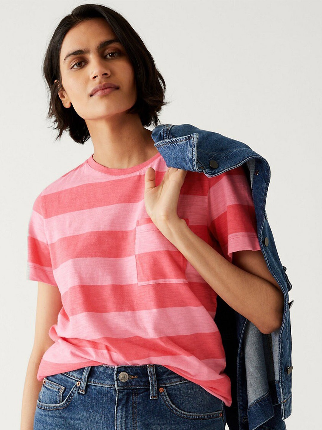 

Marks & Spencer Striped Cotton T-shirt, Pink