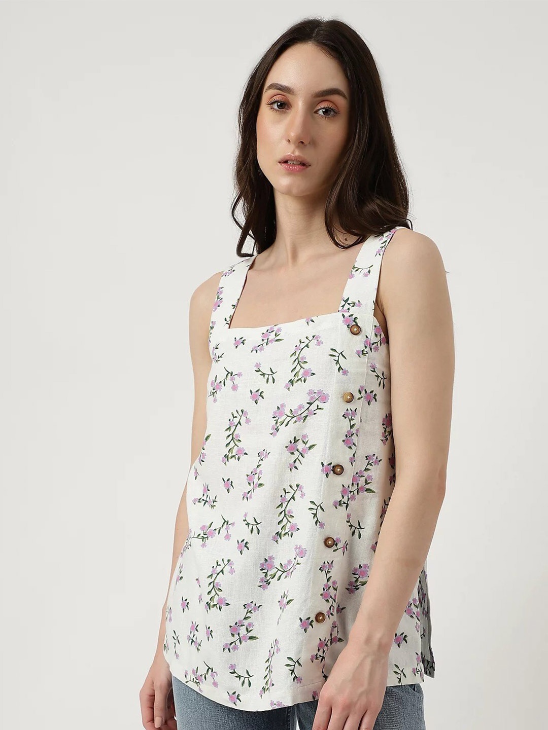 

Marks & Spencer Floral Printed Square Neck Sleeveless Top, White