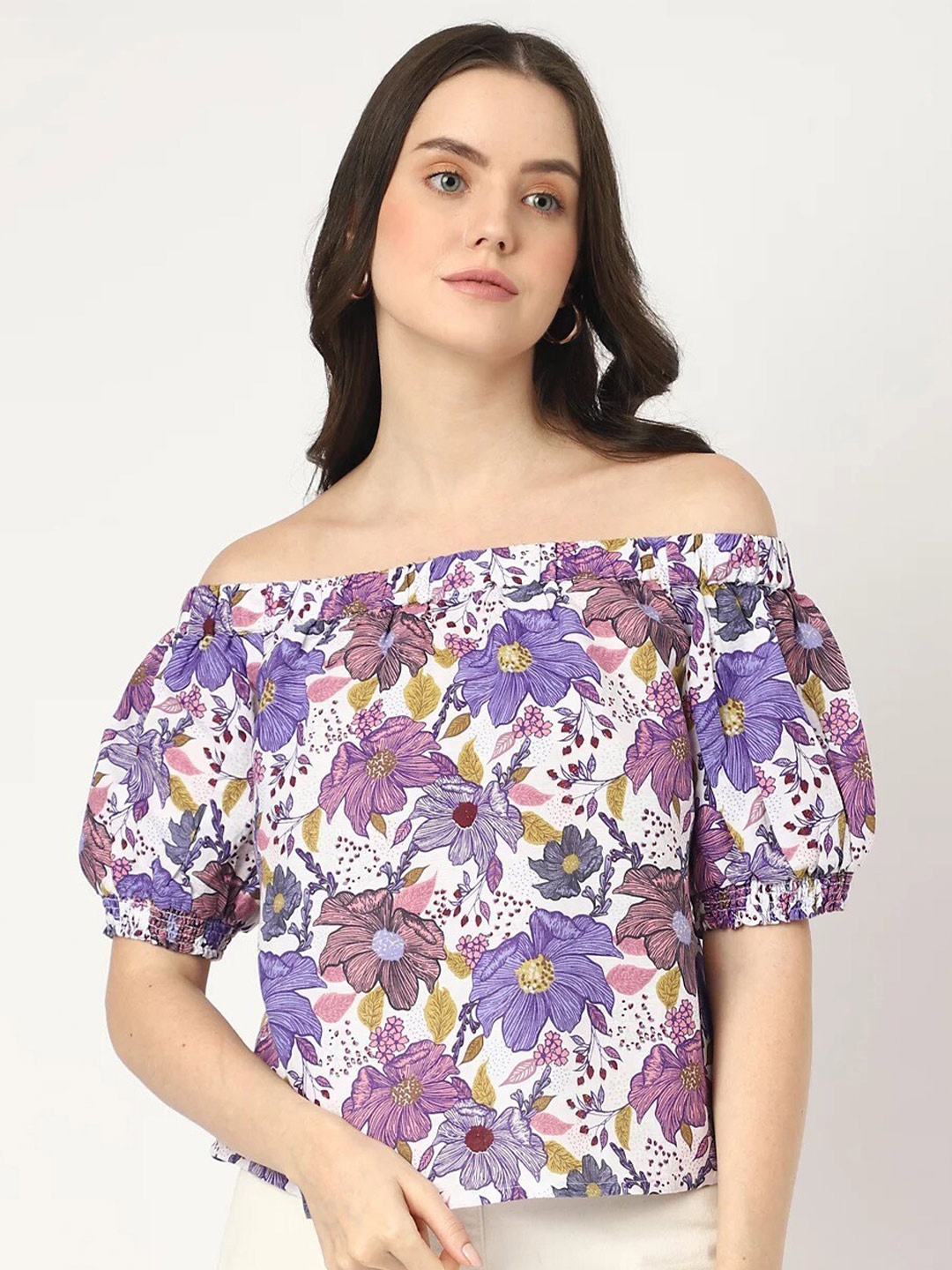 

Marks & Spencer Floral Printed Off-Shoulder Bardot Top, Purple