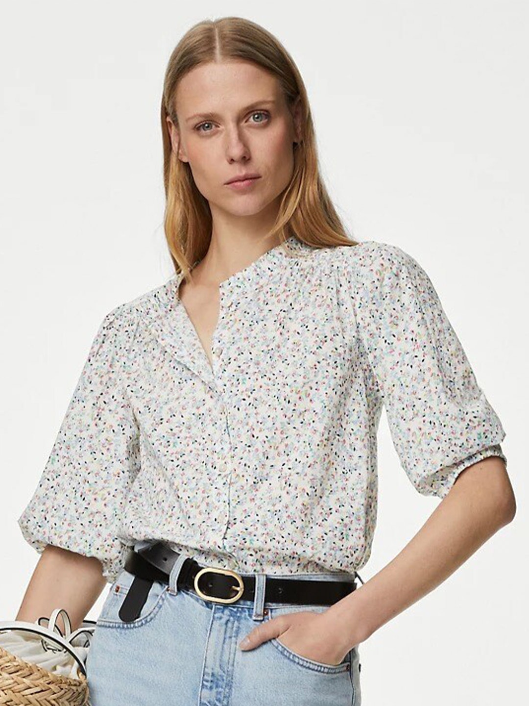 

Marks & Spencer Floral Printed Puff Sleeve Pure Cotton Shirt Style Top, White