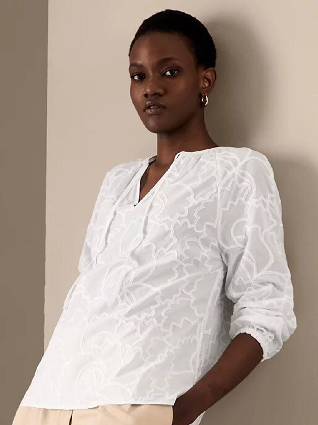 

Marks & Spencer Floral Self Design Cotton Top, White