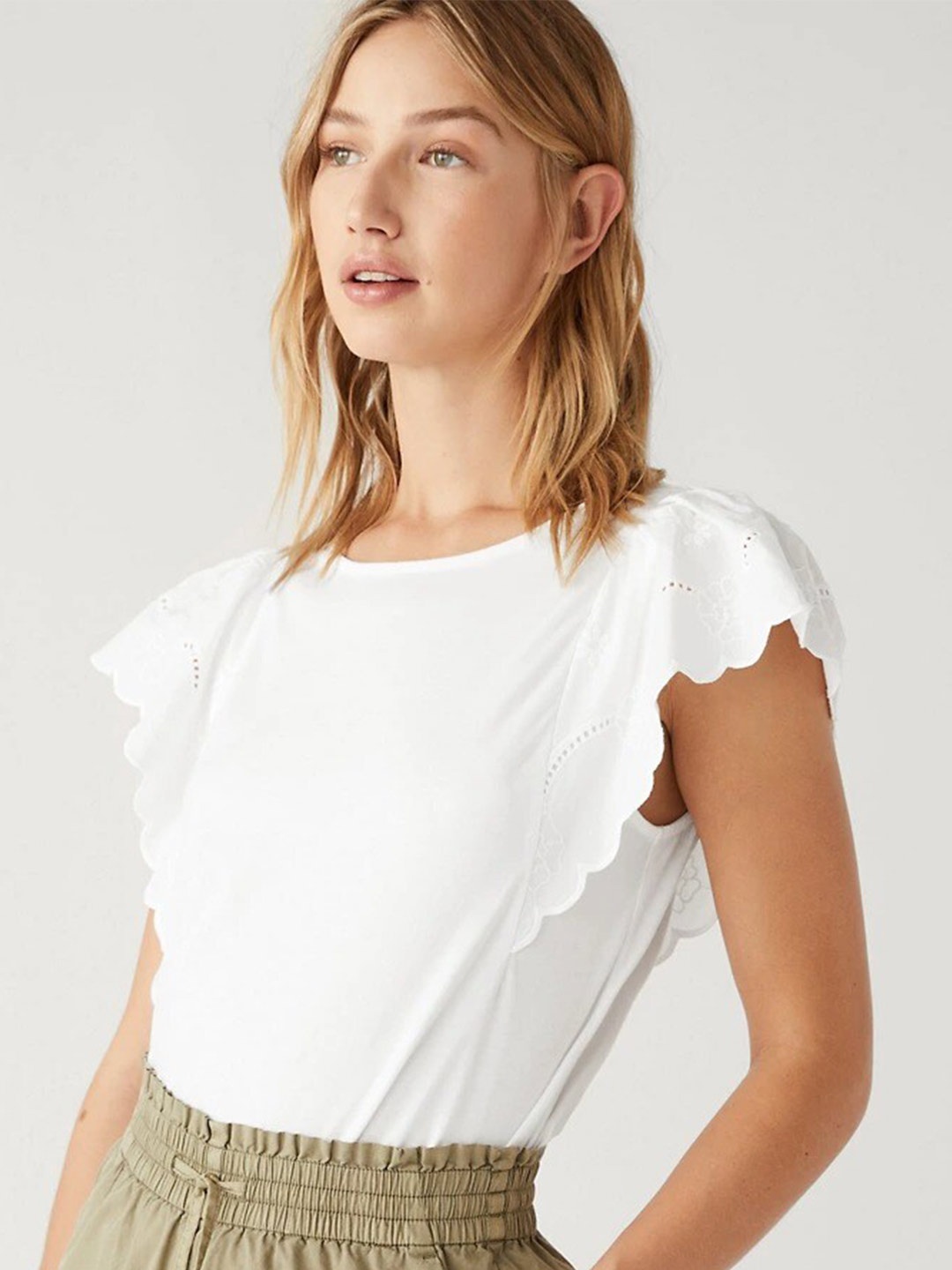 

Marks & Spencer Cotton Round Neck Flutter Sleeve Top, White