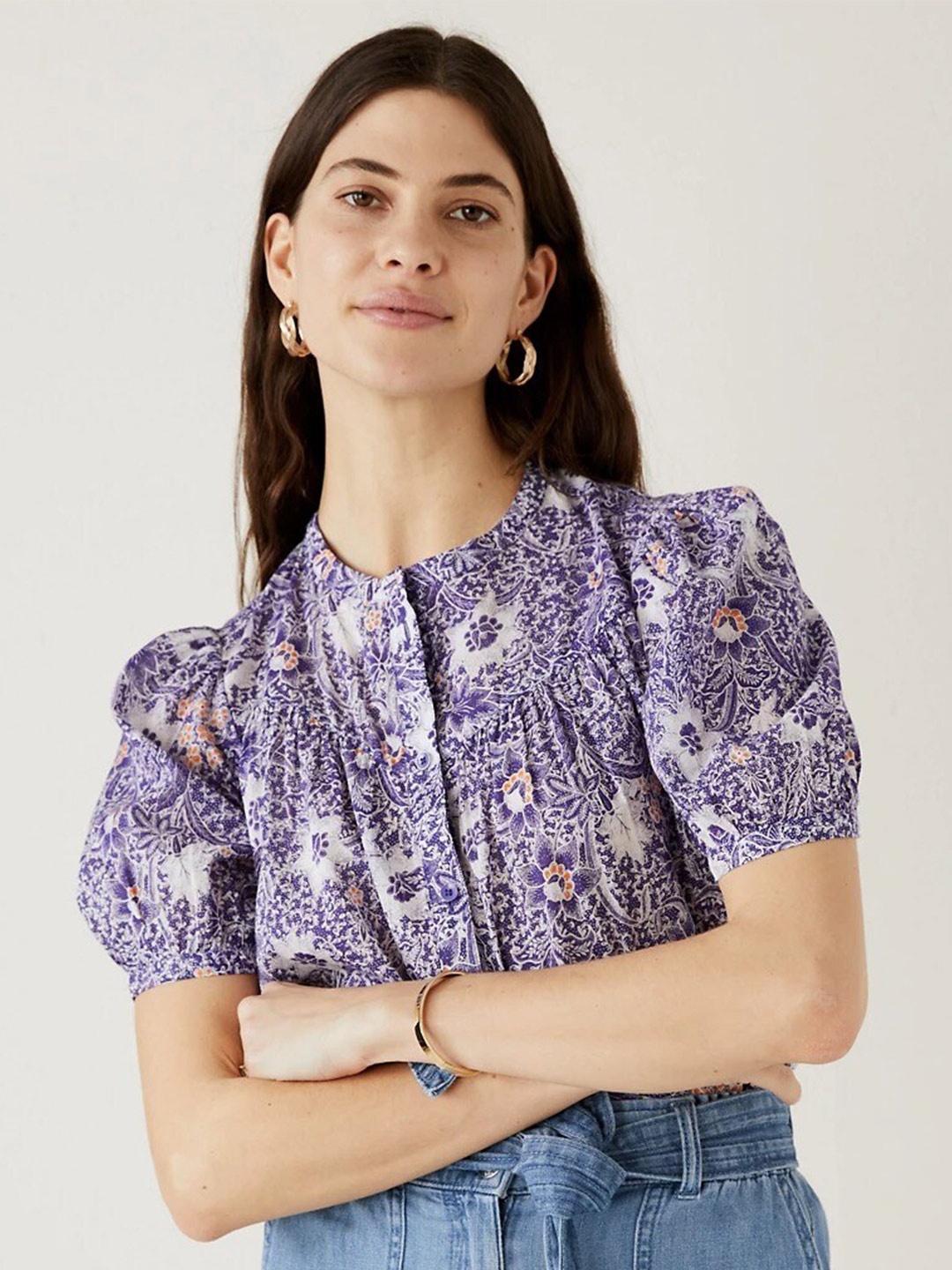 

Marks & Spencer Floral Printed Puff Sleeve Shirt Style Cotton Top, Purple