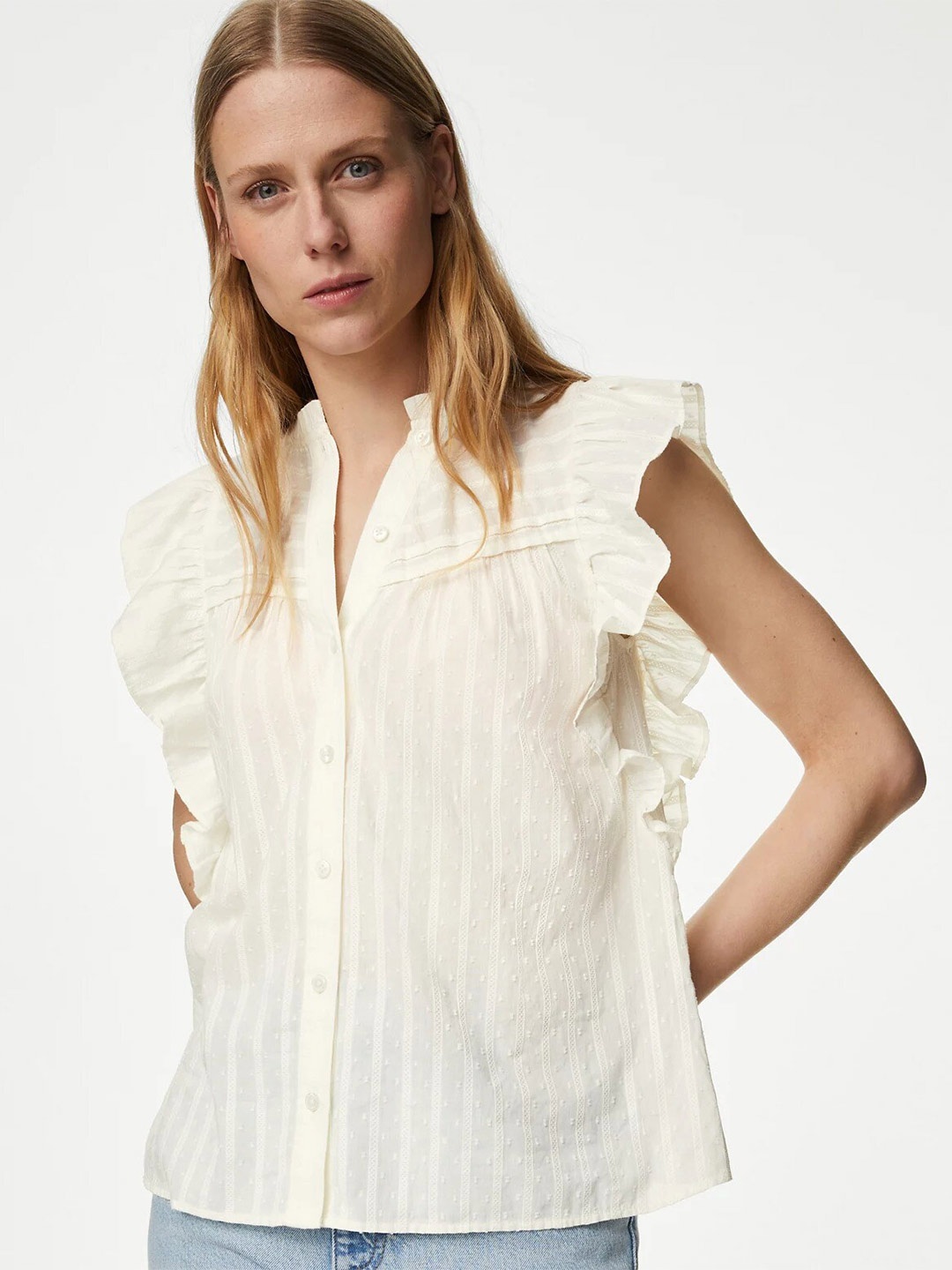 

Marks & Spencer Self Design Band Collar Pure Cotton Shirt Style Top, White
