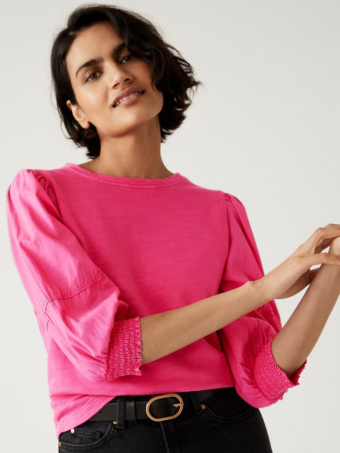 

Marks & Spencer Round Neck Puff Sleeves Cotton Top, Pink
