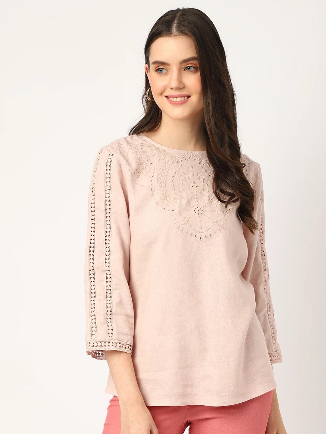 

Marks & Spencer Embroidered Round Neck Top, Pink