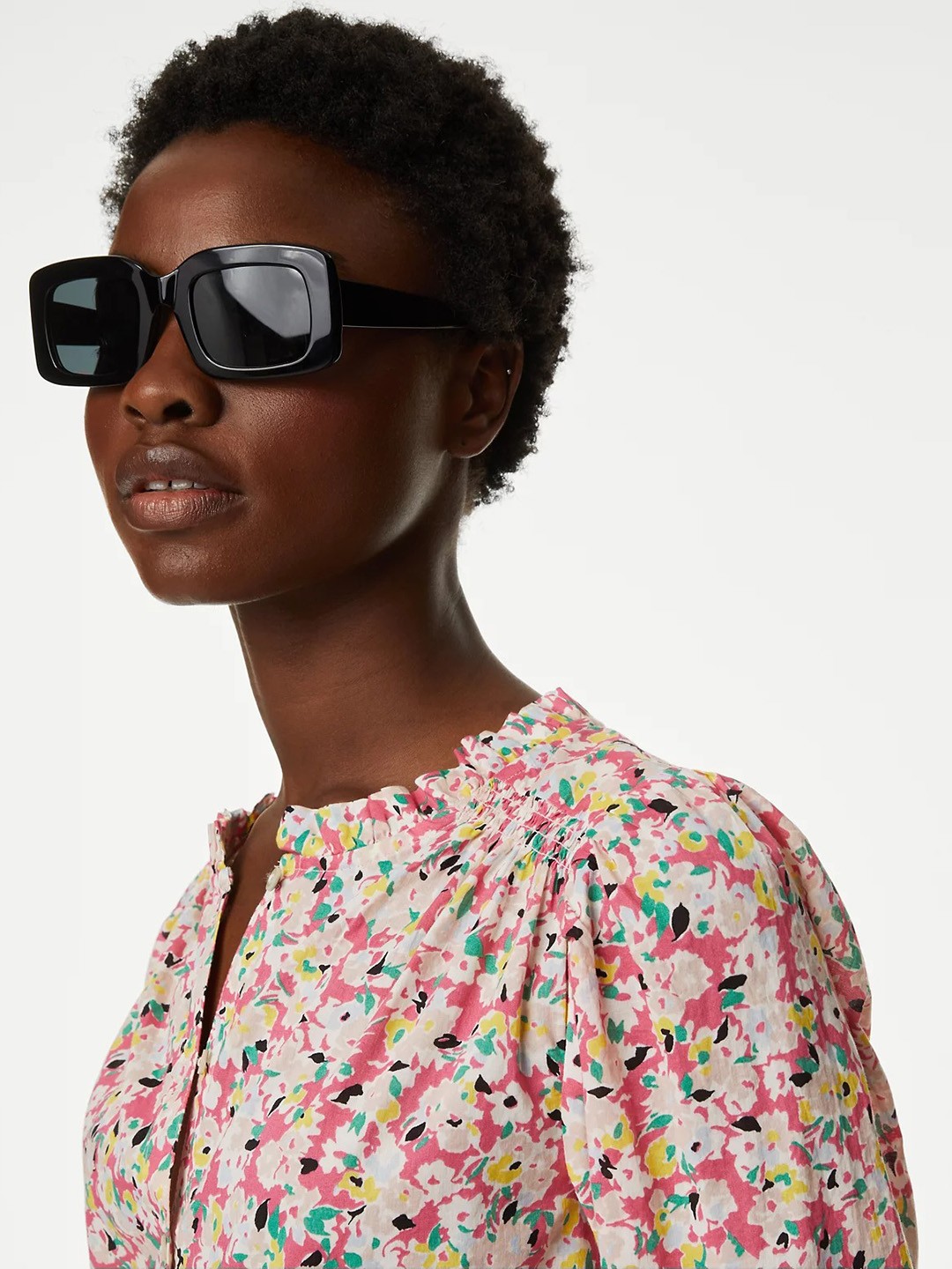 

Marks & Spencer Pink Floral Print Cotton Shirt Style Longline Top