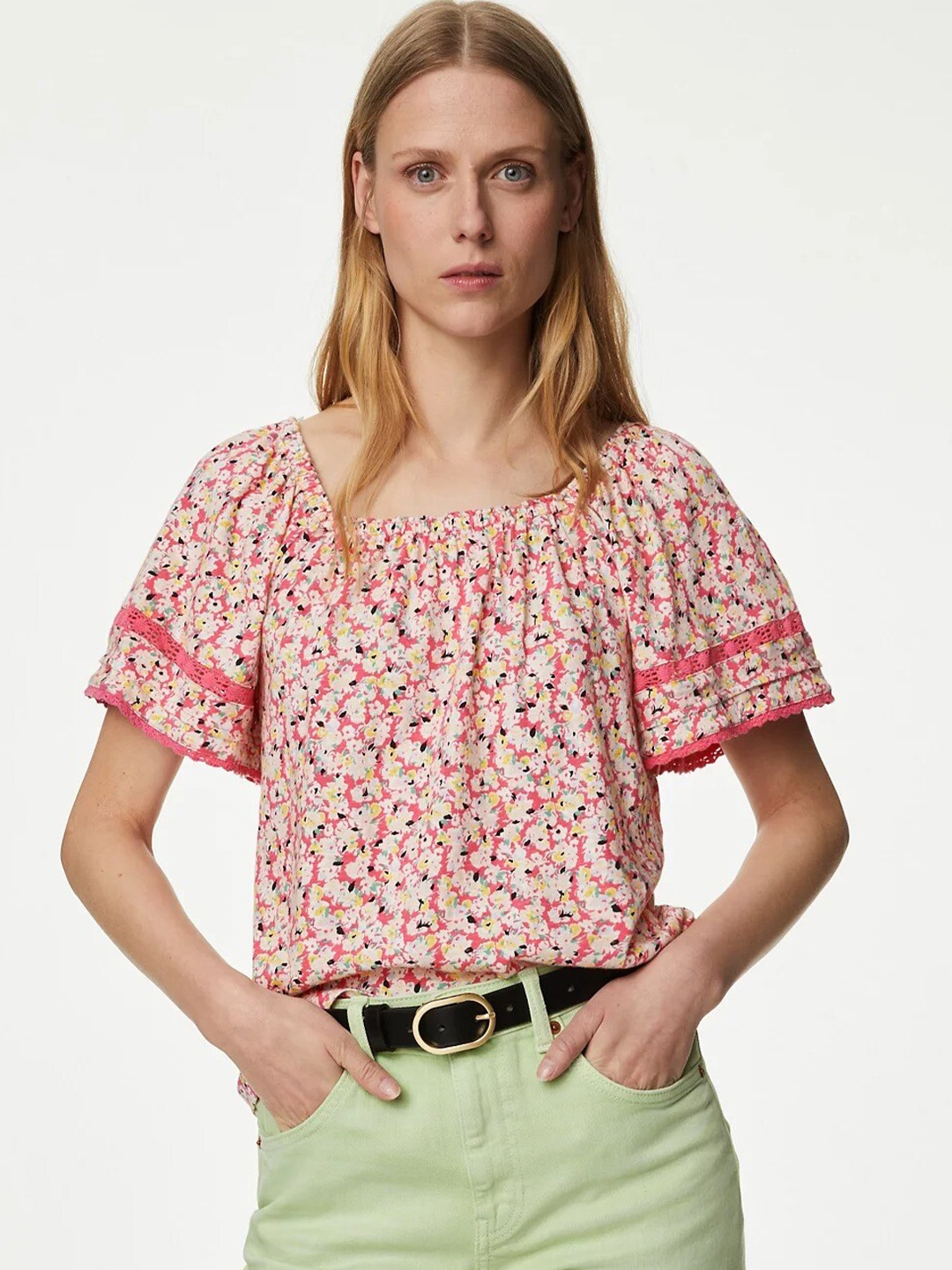 

Marks & Spencer Floral Print Flared Sleeve Pure Cotton Top, Pink