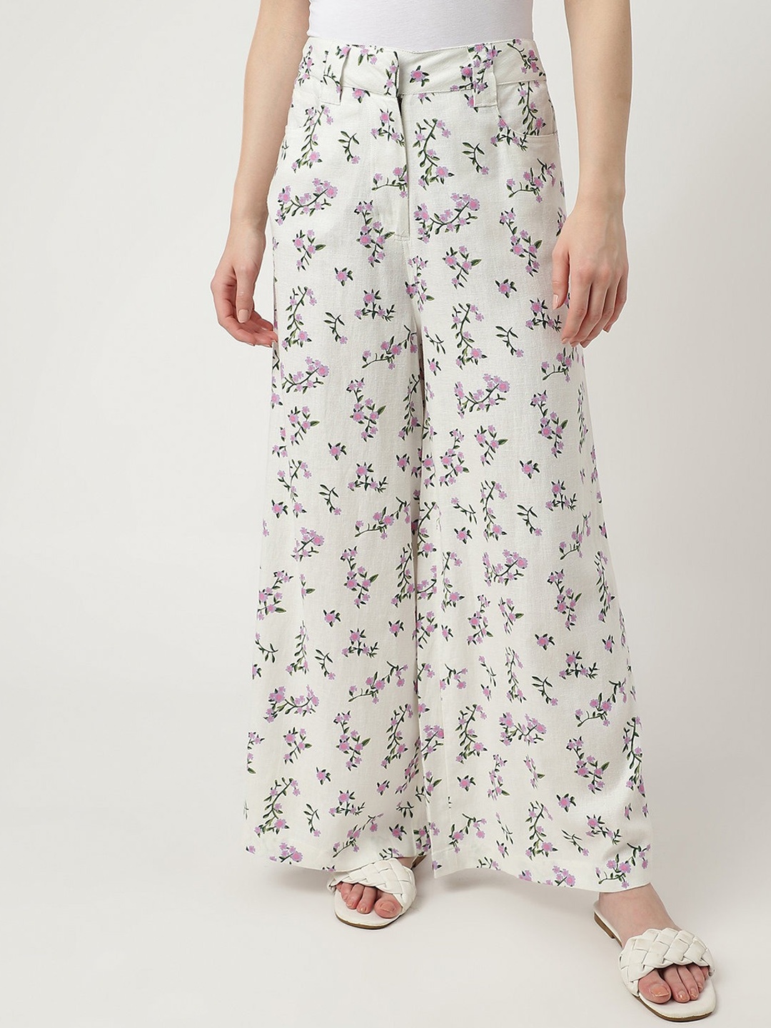 

Marks & Spencer Women Floral Printed High-Rise Linen Trousers, White