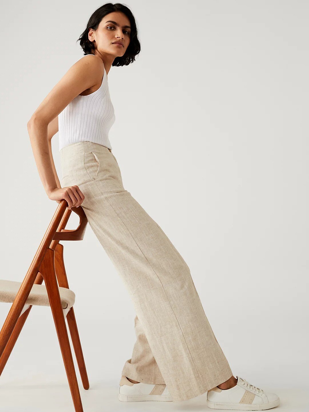 

Marks & Spencer Women High-Rise Linen Trousers, Beige