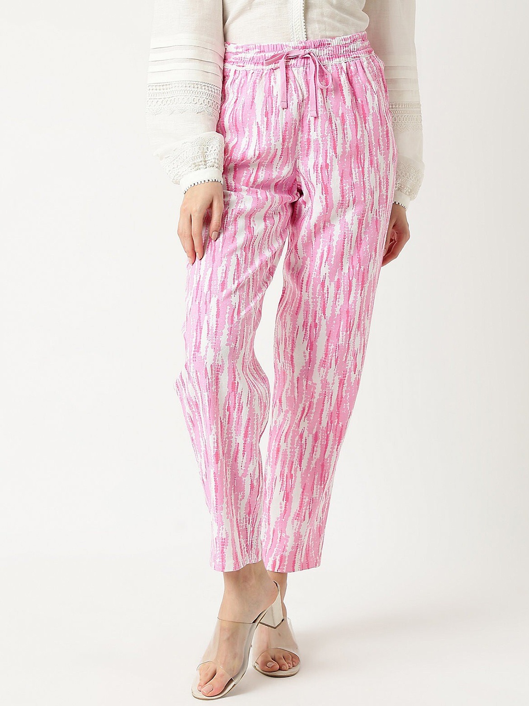 

Marks & Spencer Women Abstract Printed High-Rise Pleated Linen Trousers, Pink