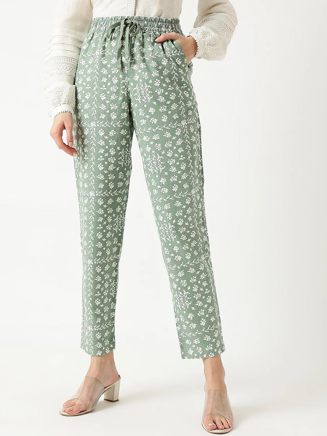 

Marks & Spencer Women Floral Printed High-Rise Linen Trousers, Green