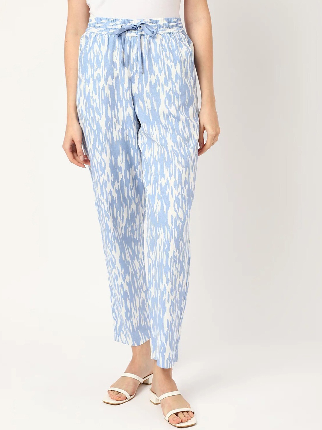 

Marks & Spencer Women Abstract Printed High-Rise Linen Trousers, Blue
