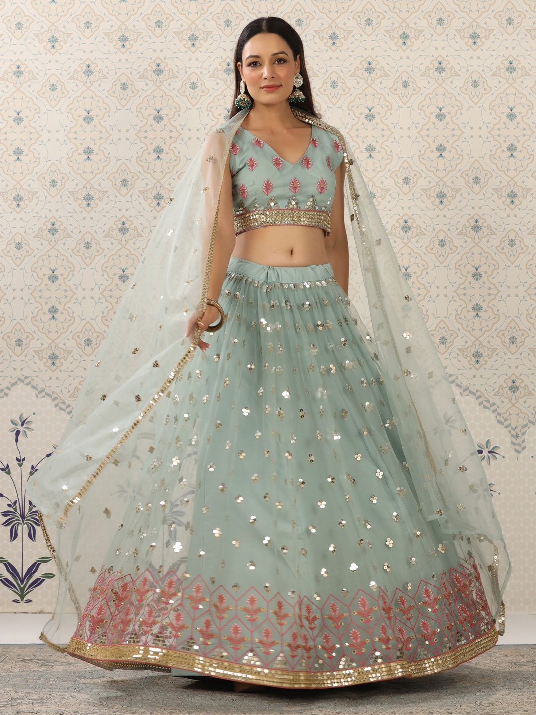 

House of Pataudi Embroidered Sequinned Semi-Stitched Lehenga Set, Blue