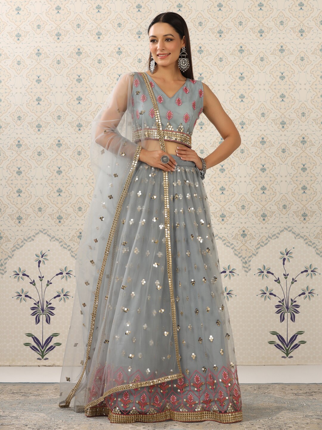 

House of Pataudi Embroidered Sequinned Semi-Stitched Lehenga Set, Grey