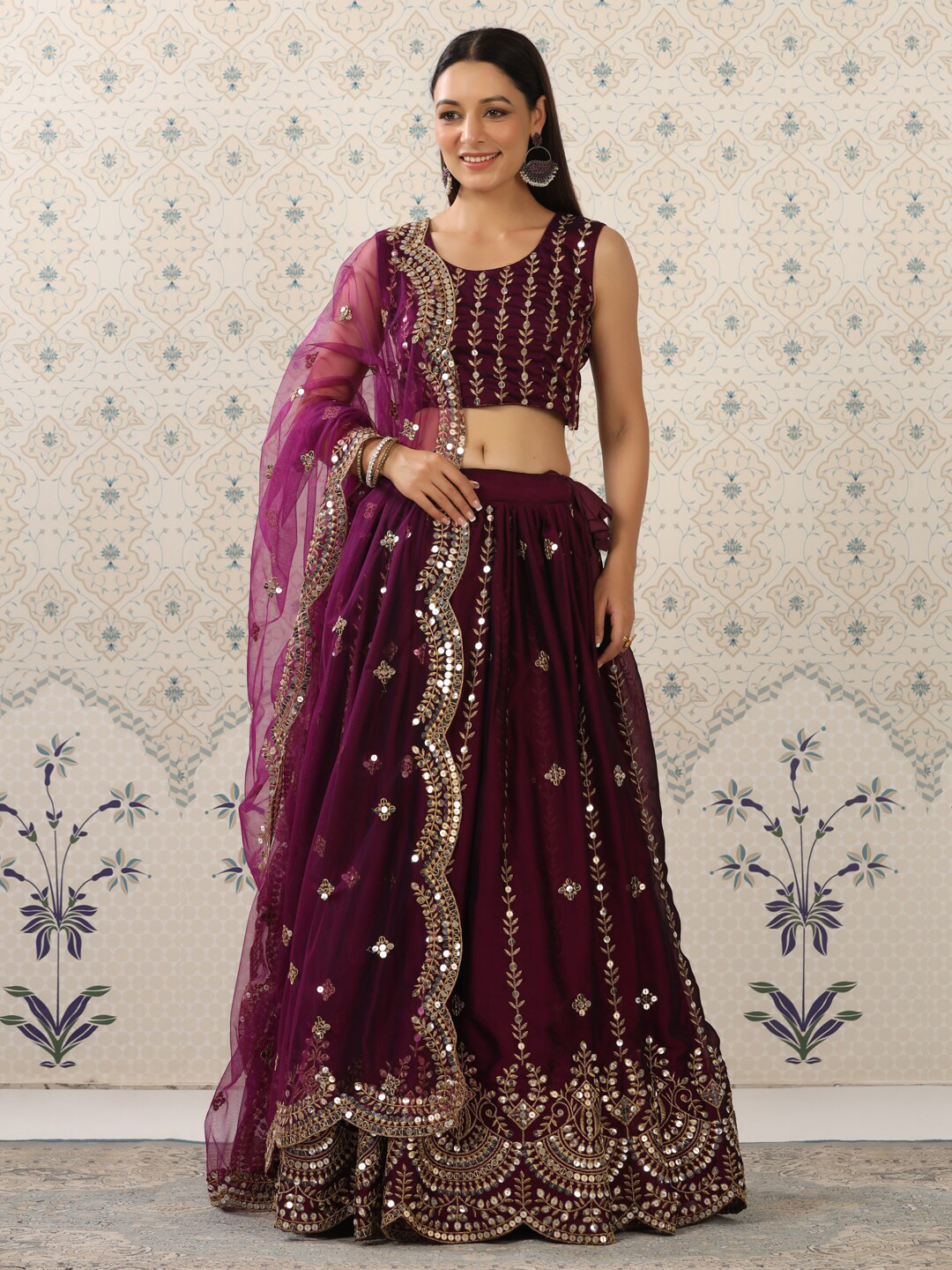 

House of Pataudi Embroidered Semi-Stitched Lehenga & Unstitched Blouse With Dupatta, Burgundy