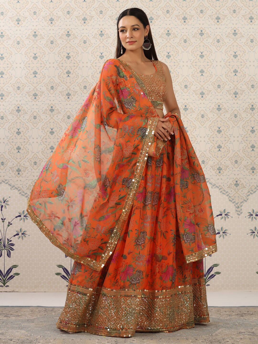 

House of Pataudi Embroidered Sequinned Semi-Stitched Lehenga Set, Orange