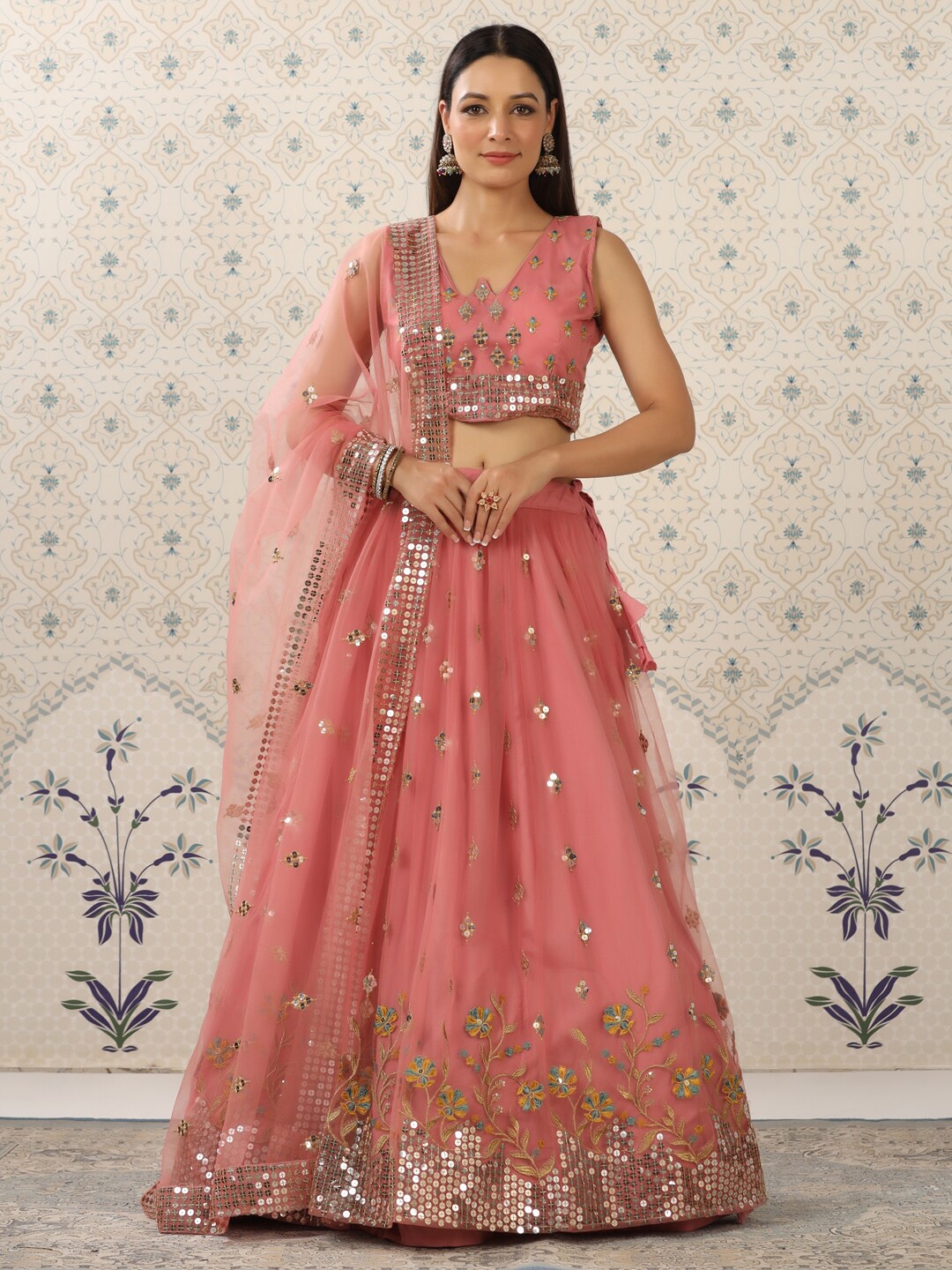 

House of Pataudi Embroidered Sequineed Semi-Stitched Lehenga Set, Pink