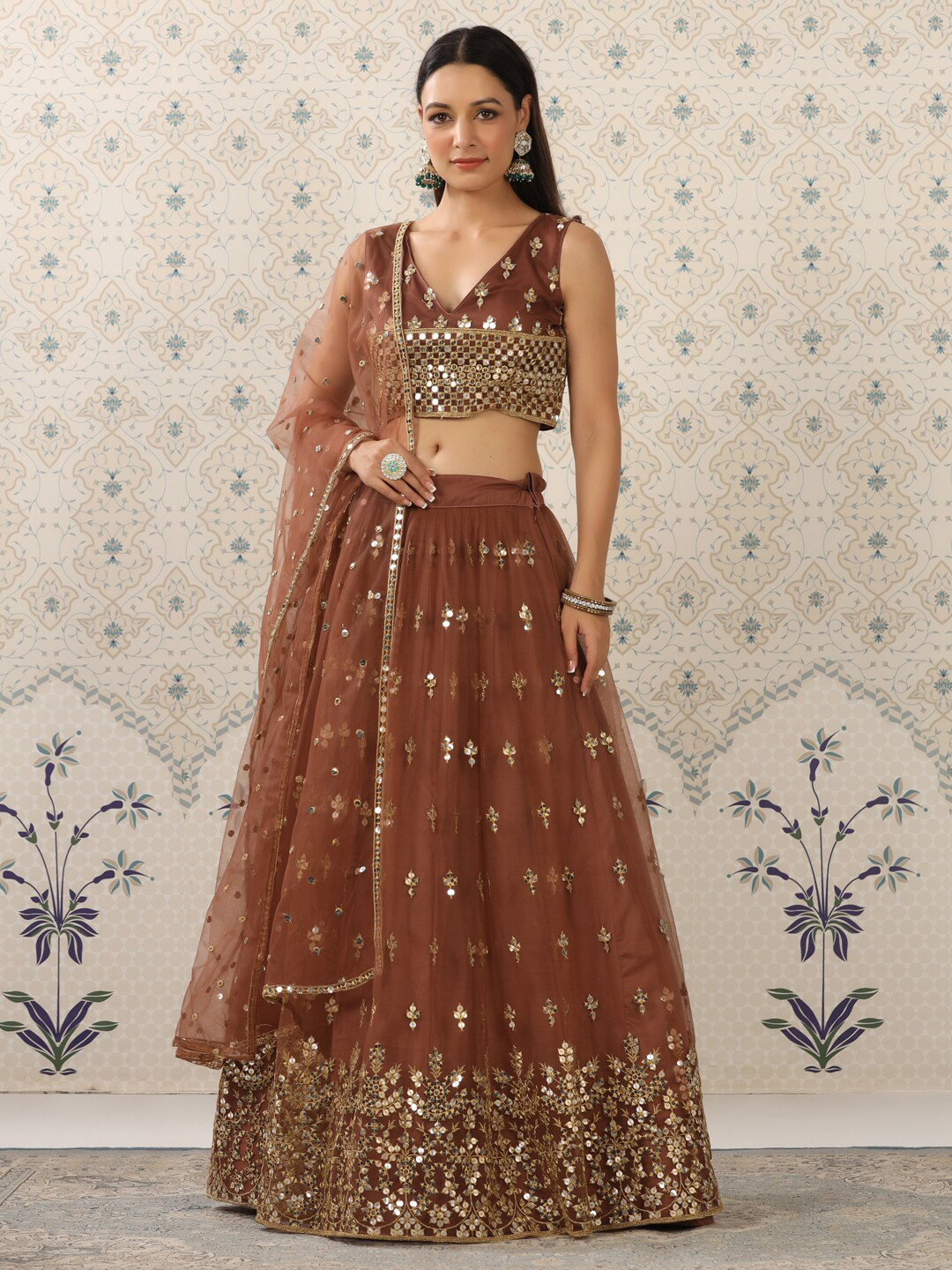 

House of Pataudi Embroidered Sequinned Semi-Stitched Lehenga Set, Brown