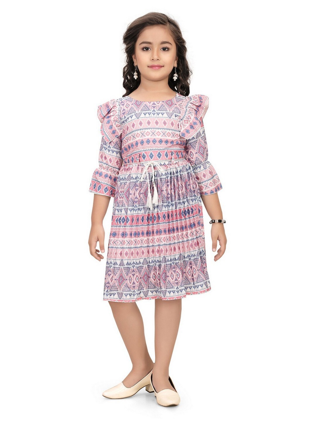 

POPLINS Ethnic Motifs Printed Bell Sleeves Cotton Fit & Flare Dress, Pink