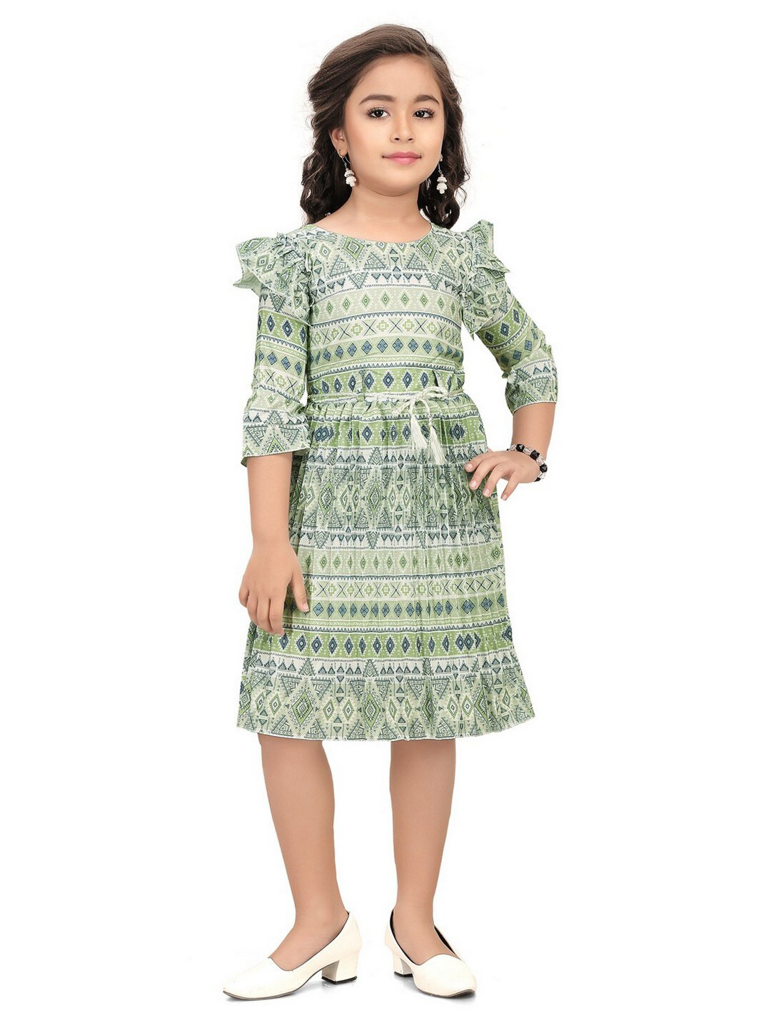 

POPLINS Girls Ethnic Motifs Printed Accordion Pleated Cotton Fit & Flare Dress, Green