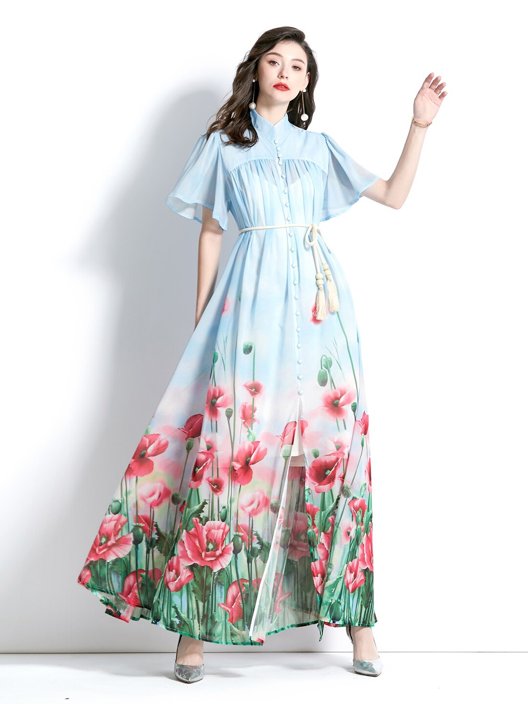 

JC Collection Floral Printed Flared Sleeves Maxi Dress with Belt, Turquoise blue