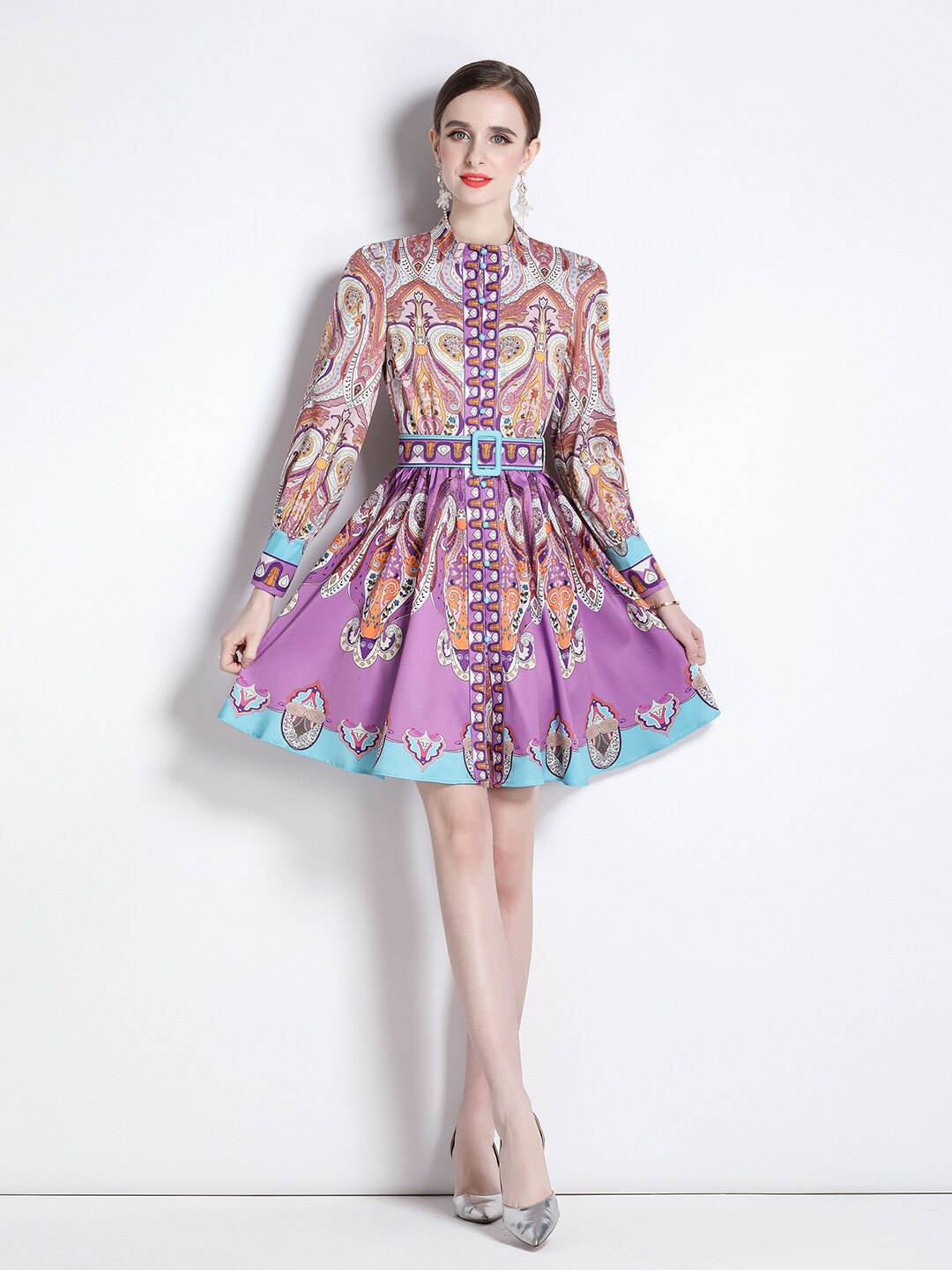 

JC Collection Ethnic Motifs Printed High Neck Fit & Flare Dress, Purple