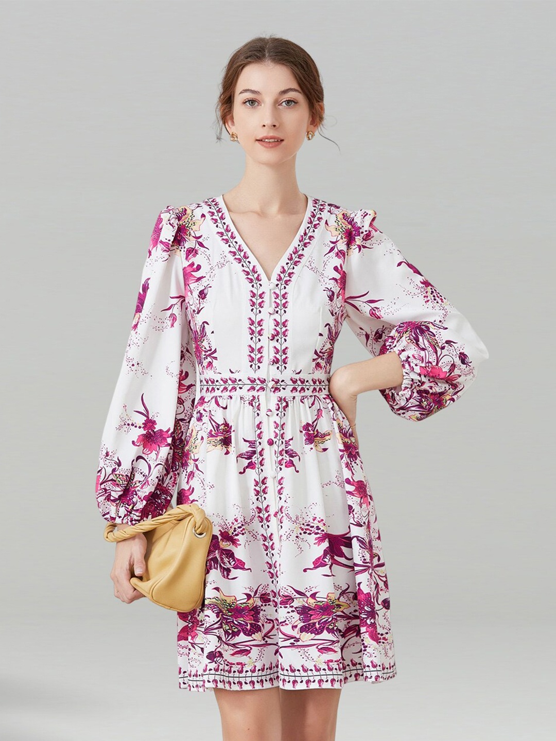 

JC Collection Floral Printed V-Neck Puffed Sleeves A-Line Dress, White