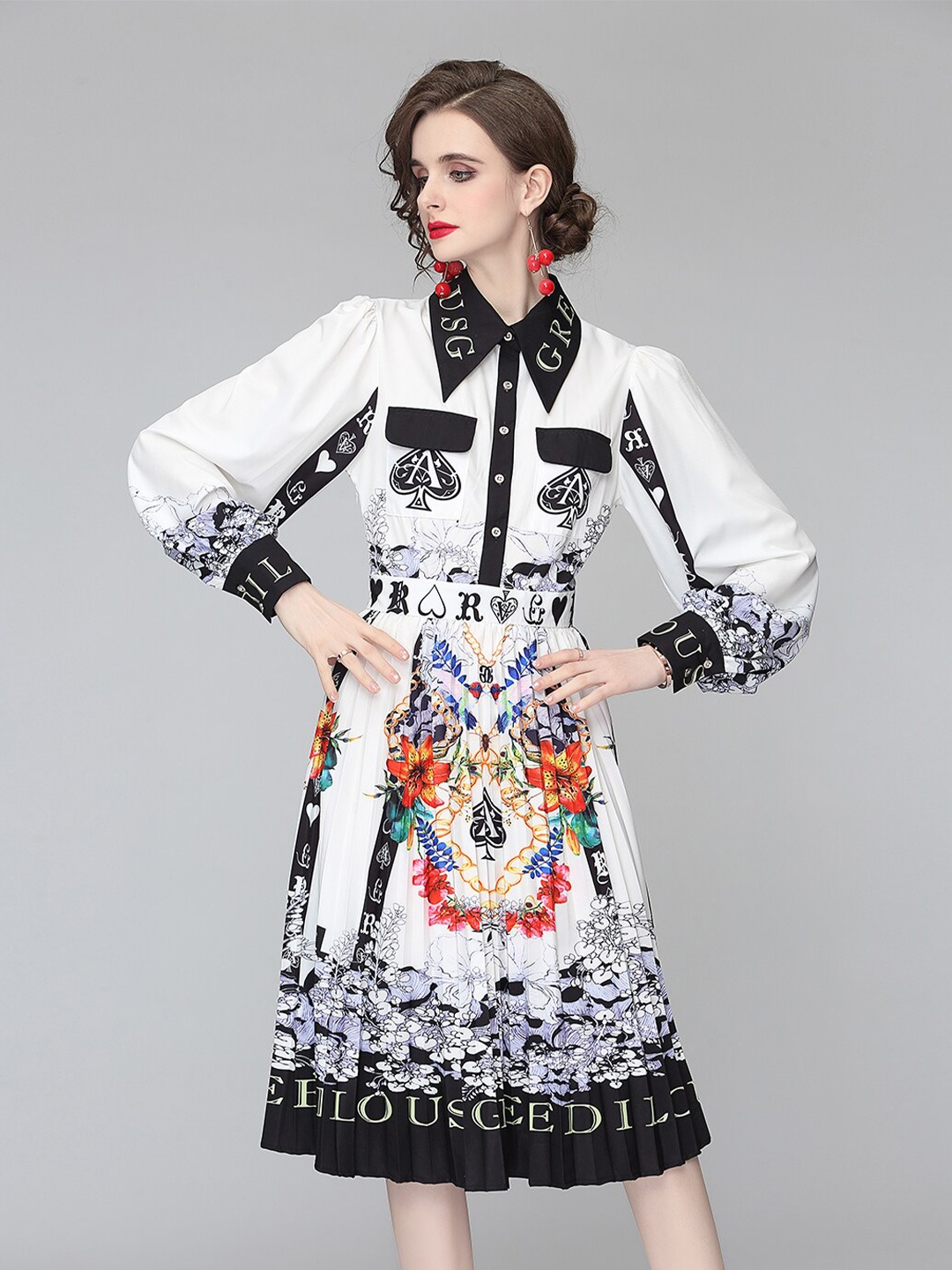 

JC Collection Floral Printed Cuffed Sleeves Gatheres And Pleated Shirt Midi Dress, Black