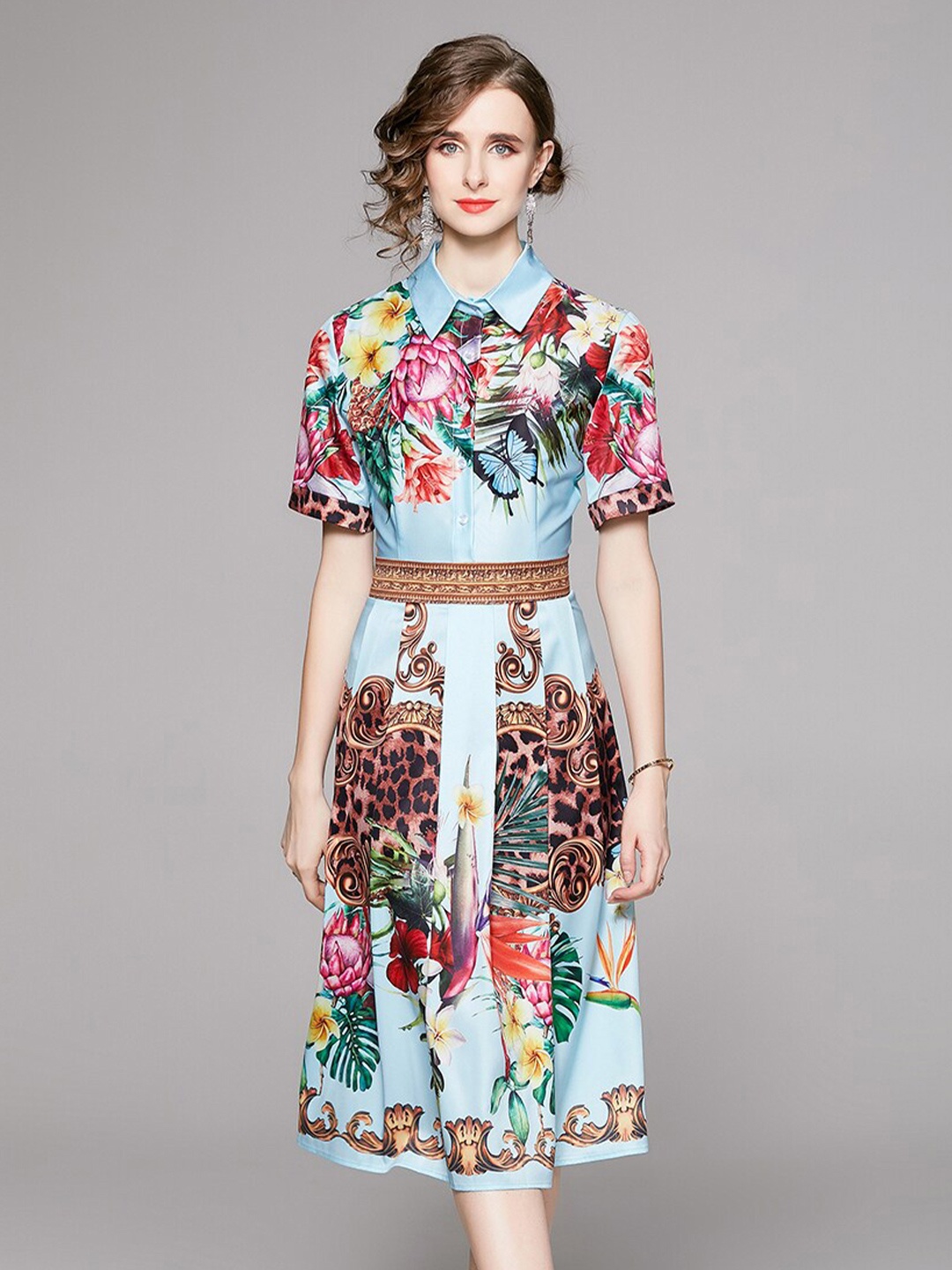 

JC Collection Floral Printed Short Sleeves Midi Shirt Dress, Turquoise blue